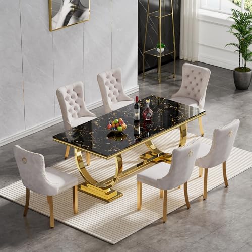 7 Piece White Marble Dining Table Set with 6 Grey Velvet Upholstered Chairs L2509