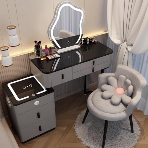 Vanity Mirror with Lights and Desk, Round 3-Colors Lights, with Cushioned Stool, with 2 Drawers and Storage Shelves, Glass Table Top B387392