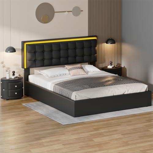 Queen Size Upholstered Bed with LED Headboard and 2 Nightstand with Drawers F3431