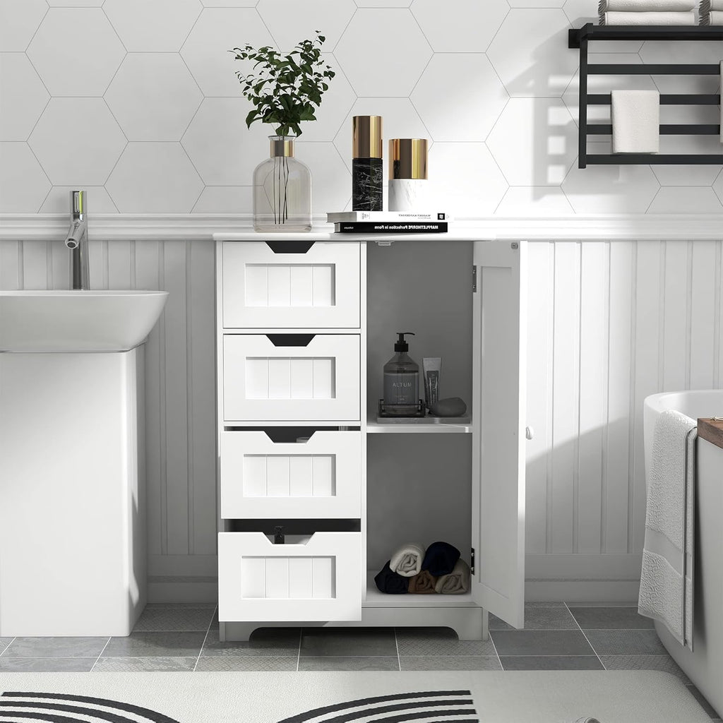 White Freestanding Bathroom Storage Cabinet with 4 Drawers and 1 Door M34542