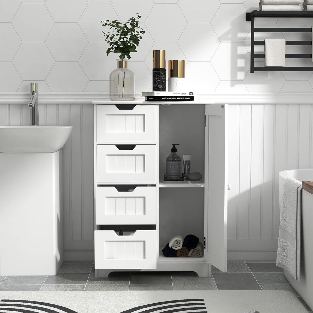 White Freestanding Bathroom Storage Cabinet with 4 Drawers and 1 Door M34542