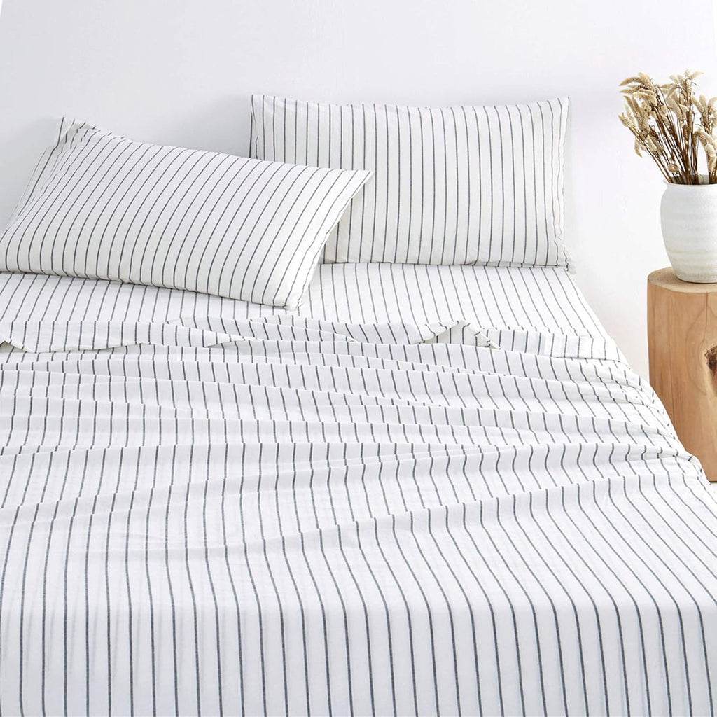 Navy Striped 100% Washed Cotton 4pcs King Size Sheet Set W933190
