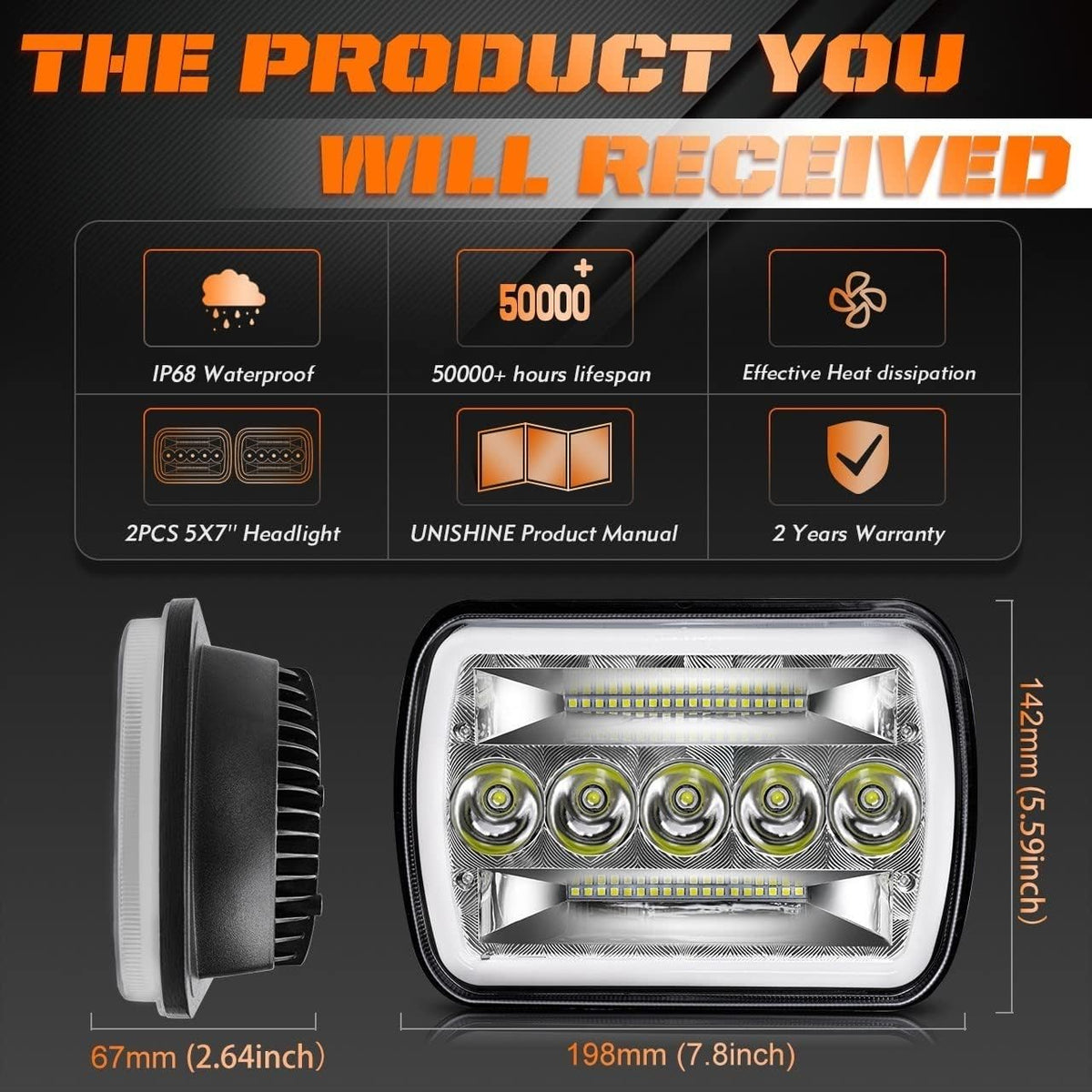 5x7 LED Headlight 87W Sealed Beam Halo Angel Eyes DRL, Pack of 2 C766882