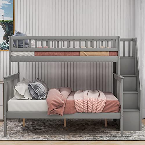 Twin Over Full Size Wood Bunk Bed with Trundle and Stairway N84148
