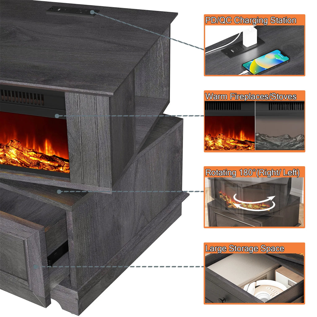Rotating Fireplace End Table with Electric Fireplace Heater, Storage, Built-in Outlets S138