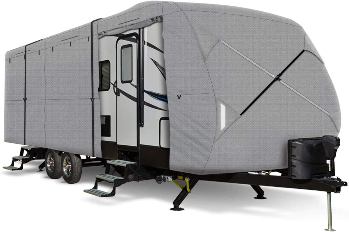 Windproof Extra Thick 4 Layers Travel Trailer RV Cover with Adhesive Repair Patches S7961
