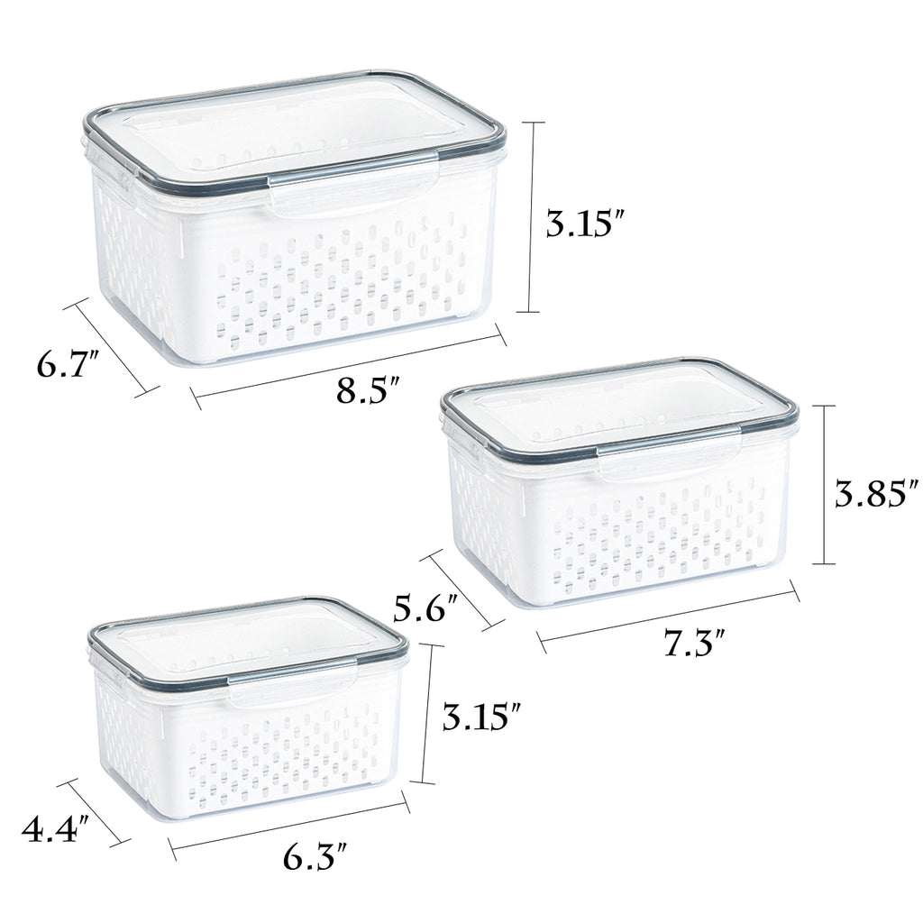 3 Pack Refrigerator Organizer Food Containers with Lids and Drain Colanders B597448