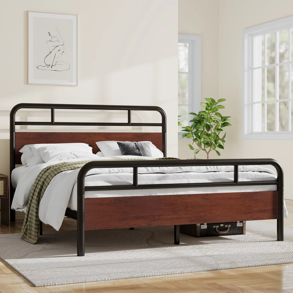 Dark Brown Queen Size Metal Platform Bed Frame with Wooden Headboard O48856