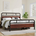 Dark Brown Queen Size Metal Platform Bed Frame with Wooden Headboard O48856