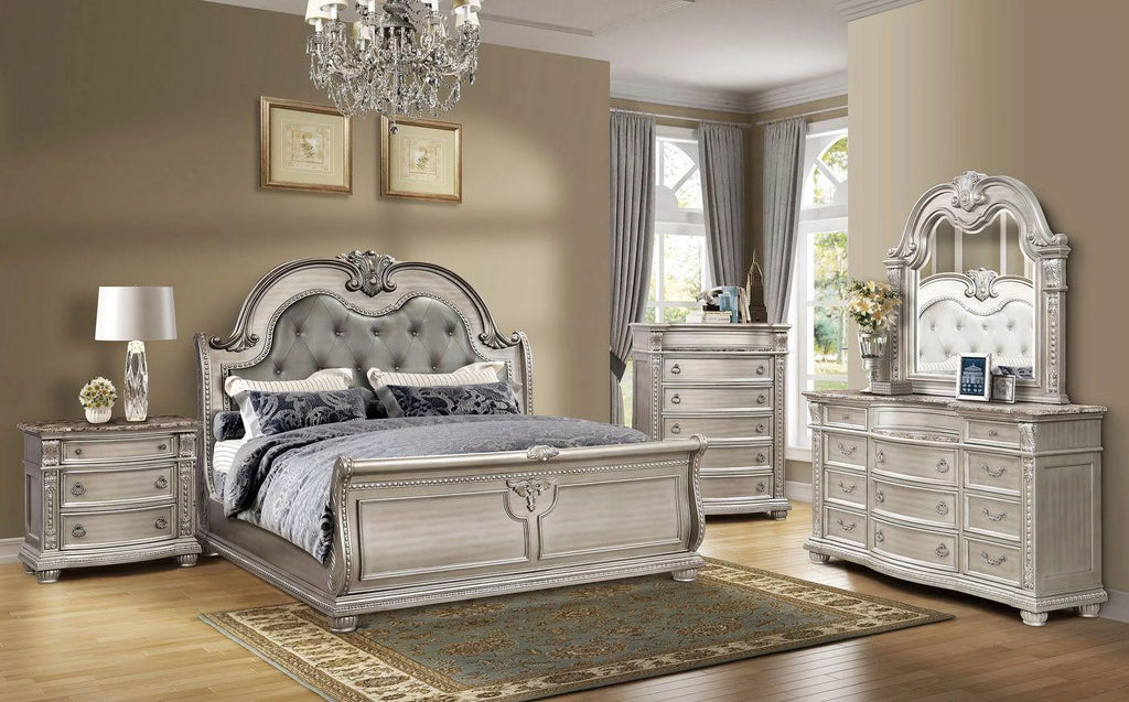 Antique Platinum Button Tufted Sleigh Queen Bed D7138