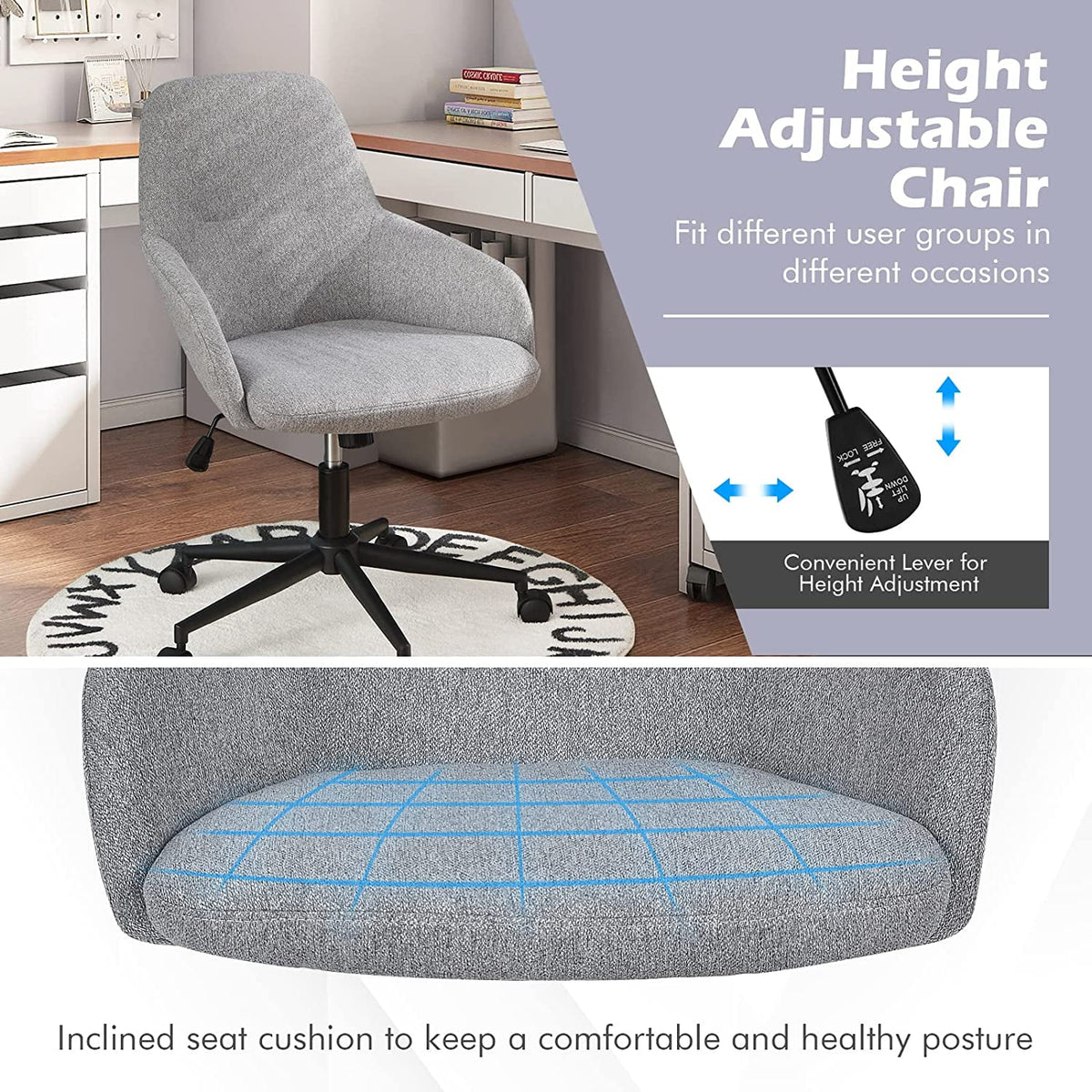 Grey Linen Fabric Upholstered Office Chair W923397