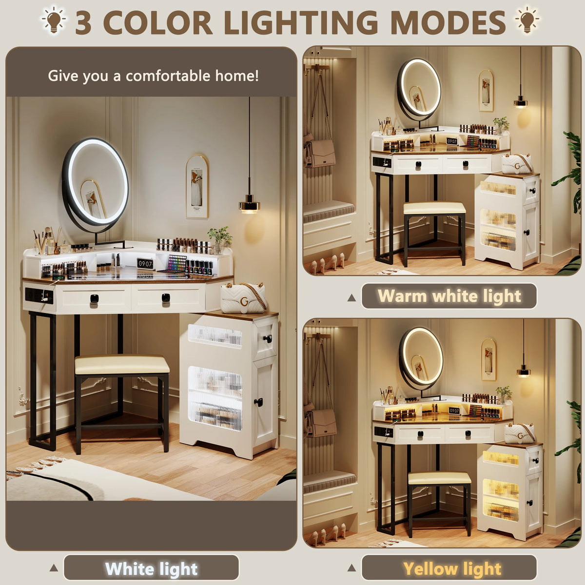 Corner Vanity Desk with Mirror and Lights, Glass Top Makeup Vanity Set with Charging Station K12334