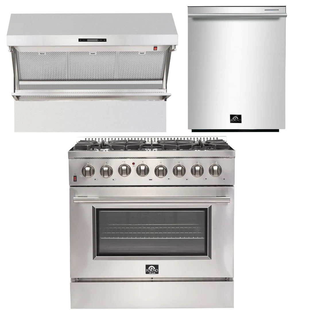 36 Inch Dual Fuel Range, Wall Mount Range Hood, Dishwasher F3449