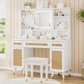 White Rattan Makeup Vanity Desk with Mirror and Lights and Stool P57968