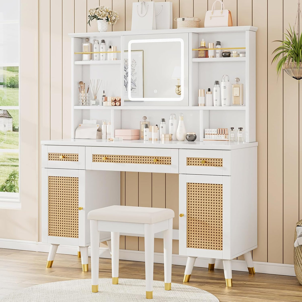 White Rattan Makeup Vanity Desk with Mirror and Lights and Stool P57968