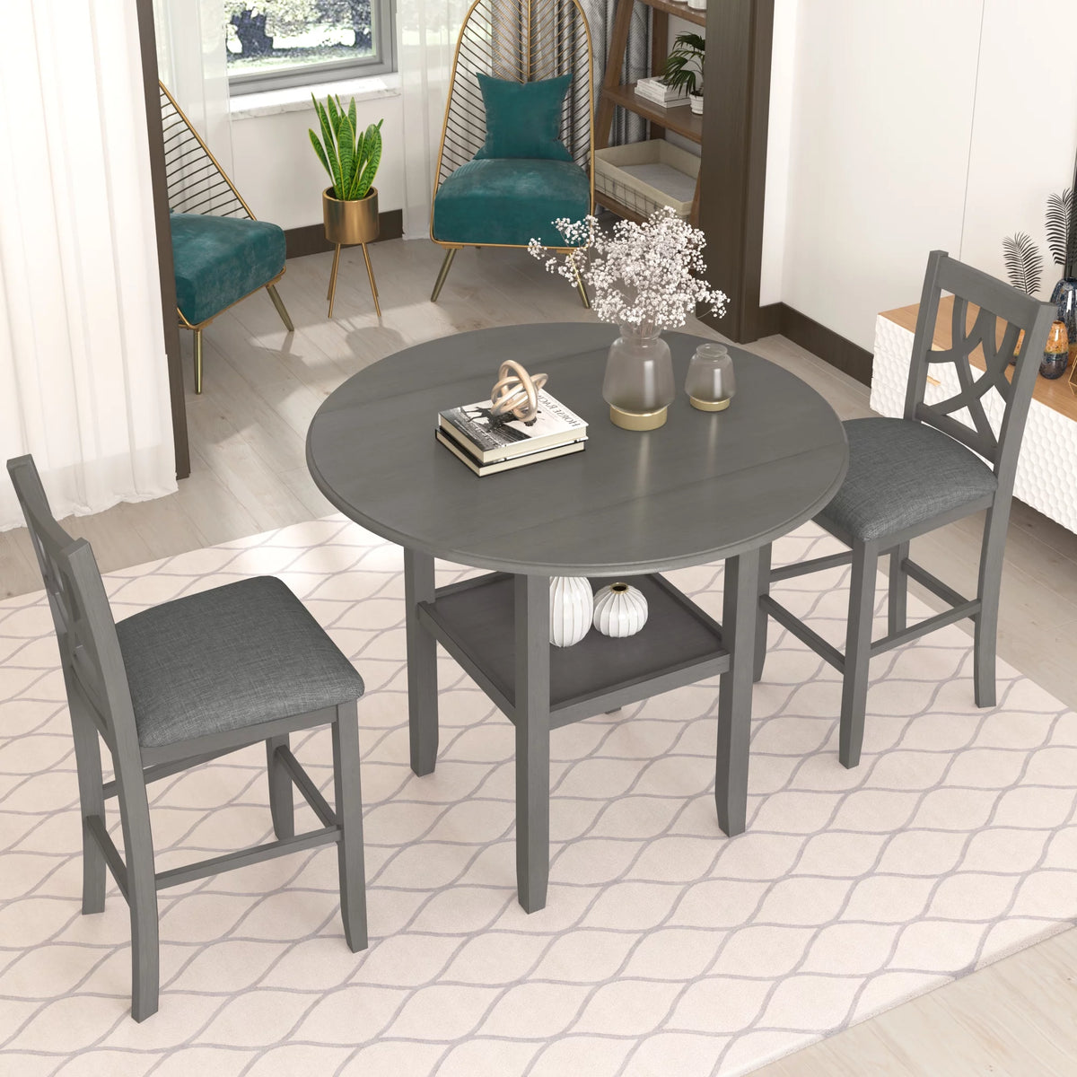 3 Piece Round Drop Leaf Dining Table Set with 2 Chairs A430870