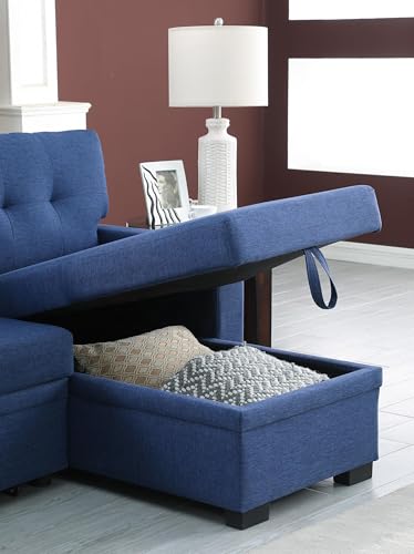 Blue Linen L Shaped Sectional Sofa with Pull Out Bed and Storage Chaise F39655
