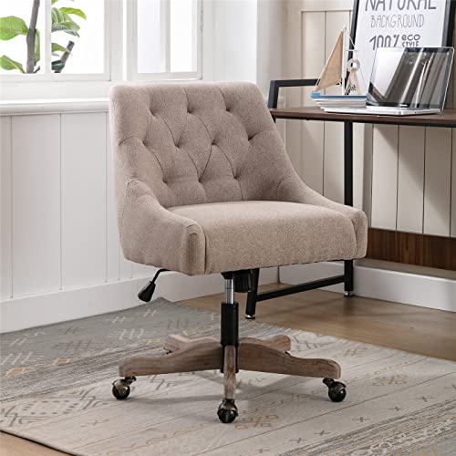 Beige Tufted Linen Swivel Office Chair U8023