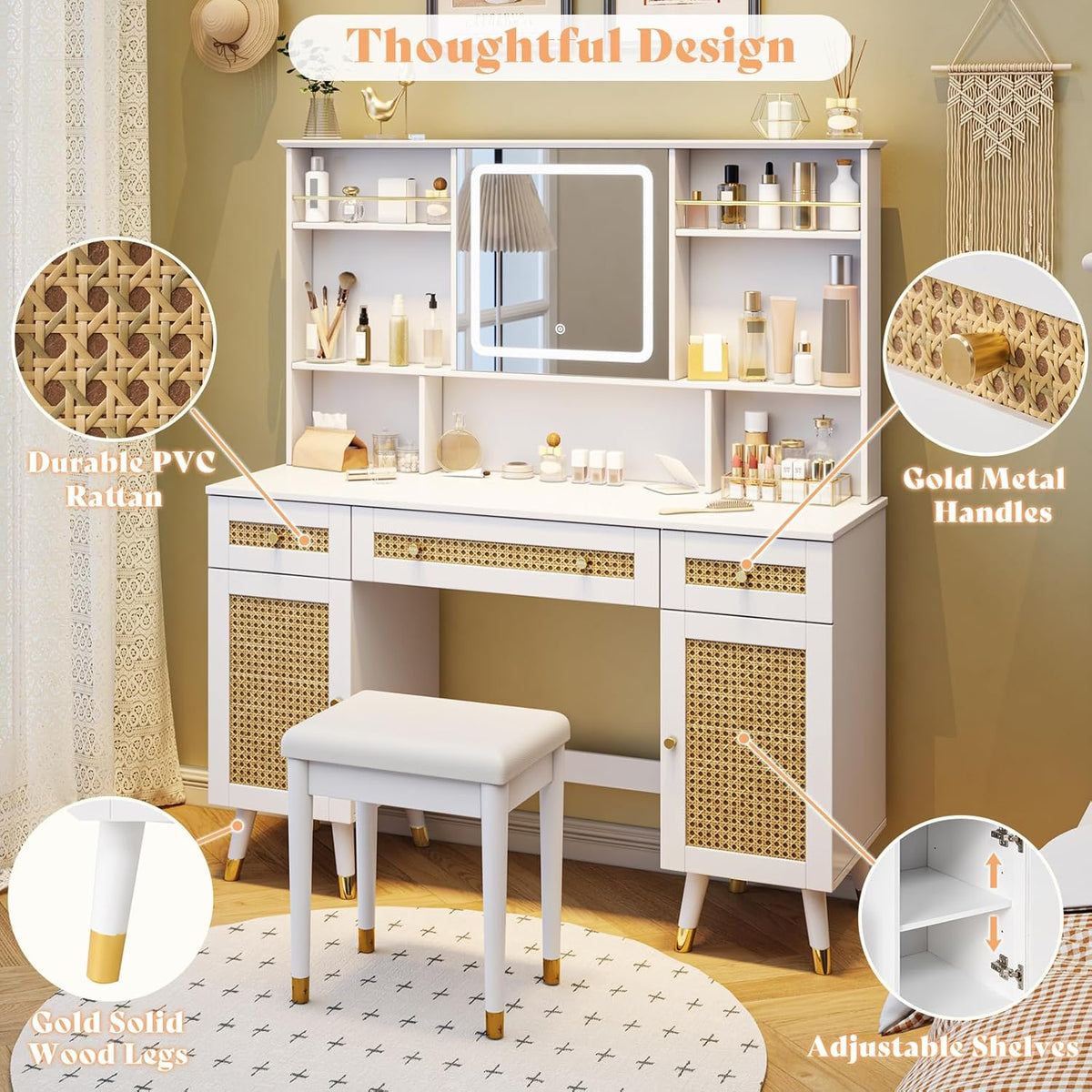 White Rattan Makeup Vanity Desk with Mirror and Lights and Stool P57968