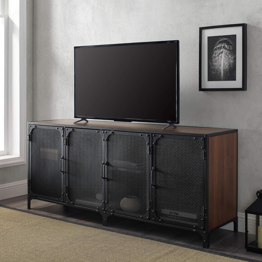 Rustic Oak Metal Mesh Double Door Rolling Bar Cabinet I8795