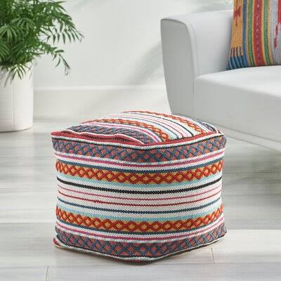 Striped Pouf Ottoman Fabric: White/Yellow/Multi Red 100% Cotton B5454