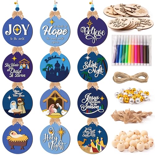 12 Styles Unfinished Wooden Christmas Ornaments Kit with Paint Pens O264