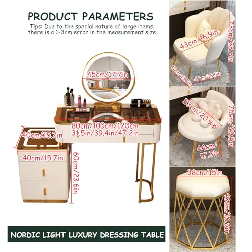 Vanity Mirror with Lights and Desk, Round 3-Colors Lights, with Cushioned Stool, with 2 Drawers and Storage Shelves, Glass Table Top B387392