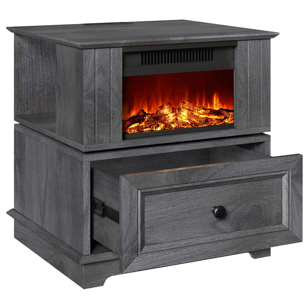 Rotating Fireplace End Table with Electric Fireplace Heater, Storage, Built-in Outlets S138