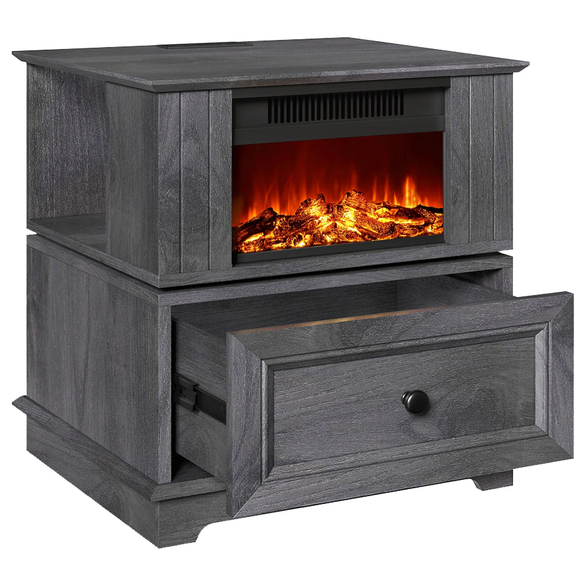 Rotating Fireplace End Table with Electric Fireplace Heater, Storage, Built-in Outlets S138