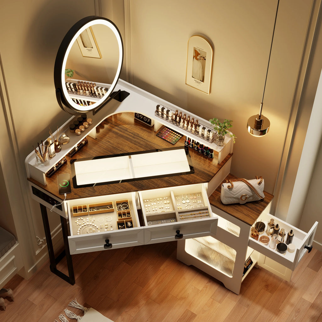 Corner Vanity Desk with Mirror and Lights, Glass Top Makeup Vanity Set with Charging Station K12334