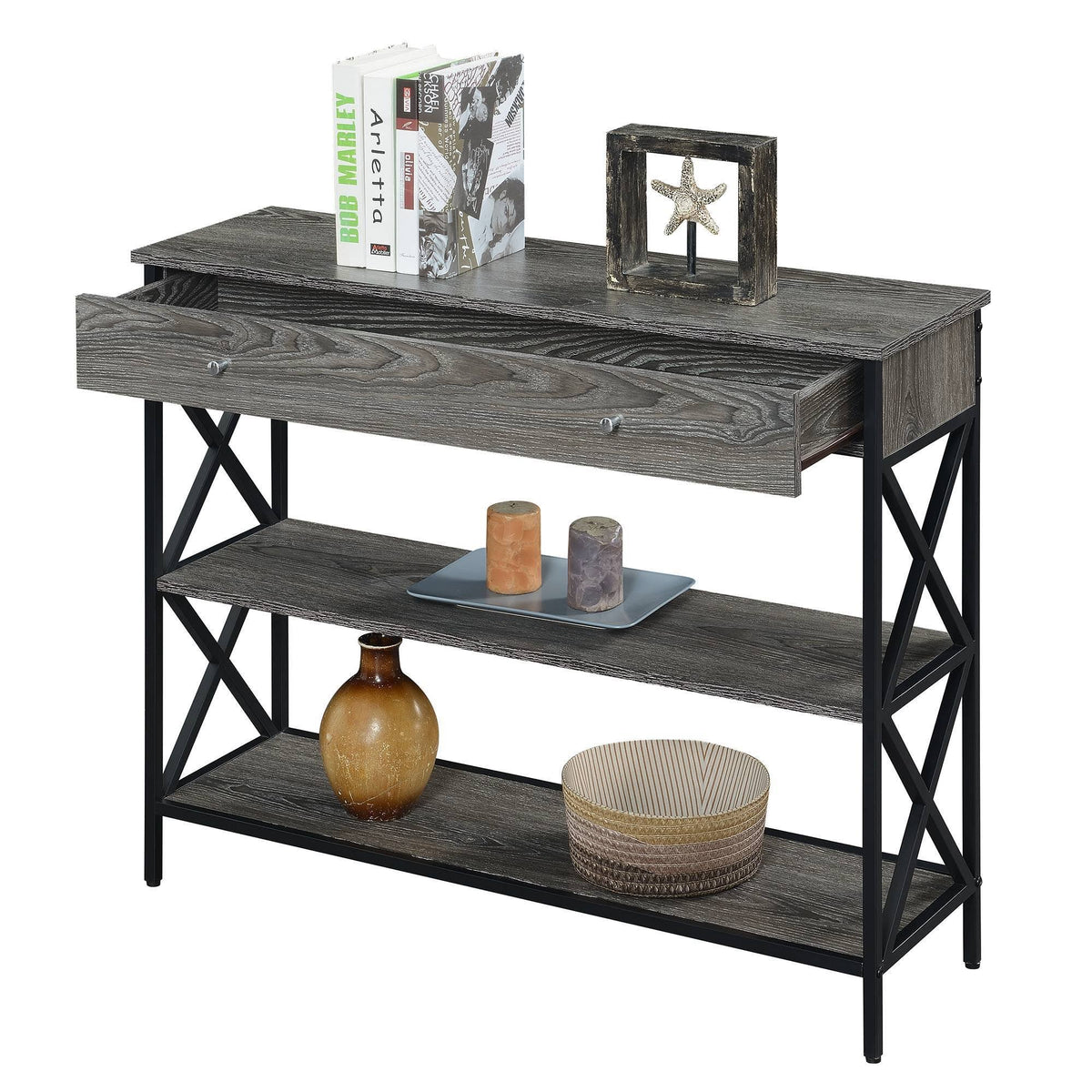 Weathered Gray/Black 1 Drawer Console Table with Shelves B874536