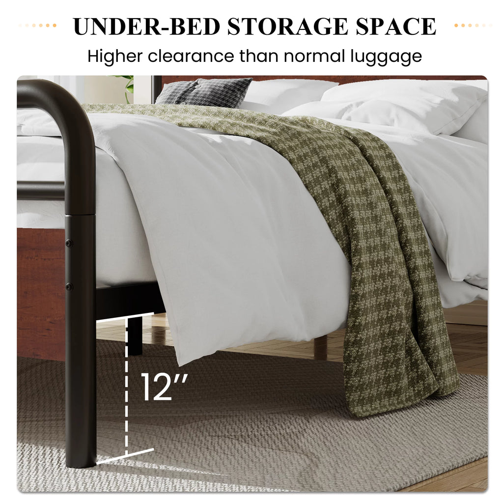 Dark Brown Queen Size Metal Platform Bed Frame with Wooden Headboard O48856