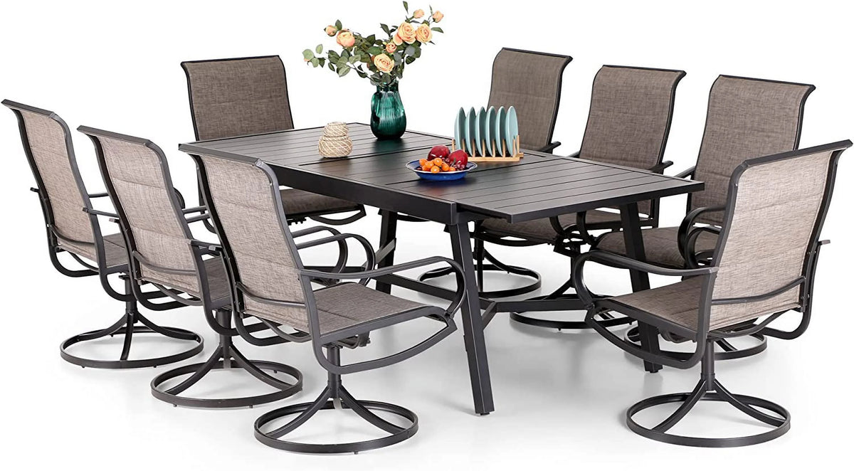 9 Piece Patio Dining Set with Padded Textilene Swivel Chairs and Expandable Table W946036