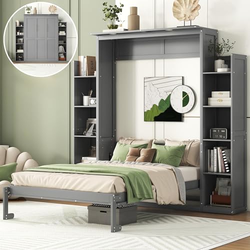 Queen Size Wood Murphy Bed with Shelves and LED Lights, Grey O3713
