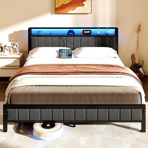 Gray Queen Size Metal Platform Bed Frame with Storage Headboard F4960