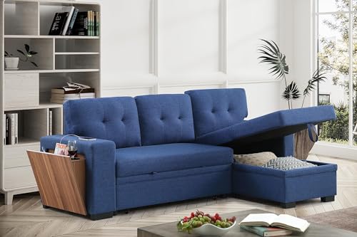 Blue Linen L Shaped Sectional Sofa with Pull Out Bed and Storage Chaise F39655