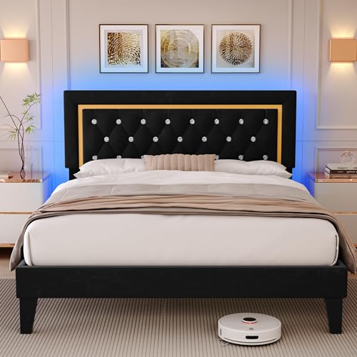 Black Upholstered Platform Bed Frame with LED Light I172