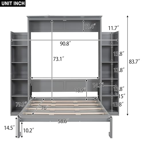 Queen Size Wood Murphy Bed with Shelves and LED Lights, Grey O3713