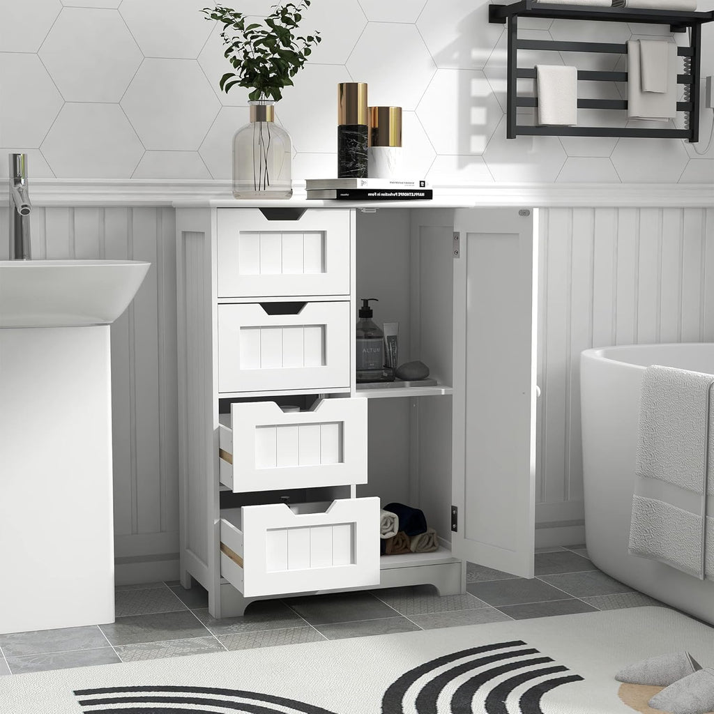 White Freestanding Bathroom Storage Cabinet with 4 Drawers and 1 Door M34542