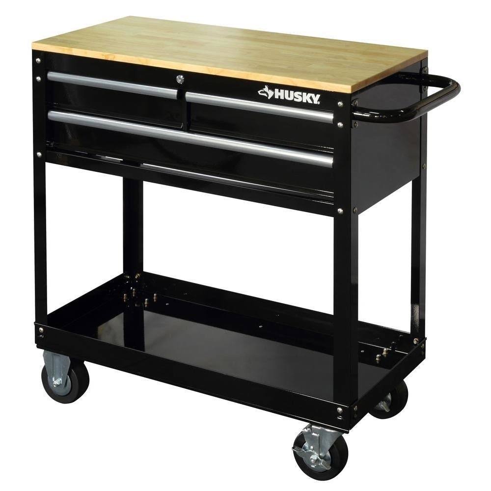 36 in. 3-Drawer Rolling Tool Cabinet Cart with Wood Top Black E241029