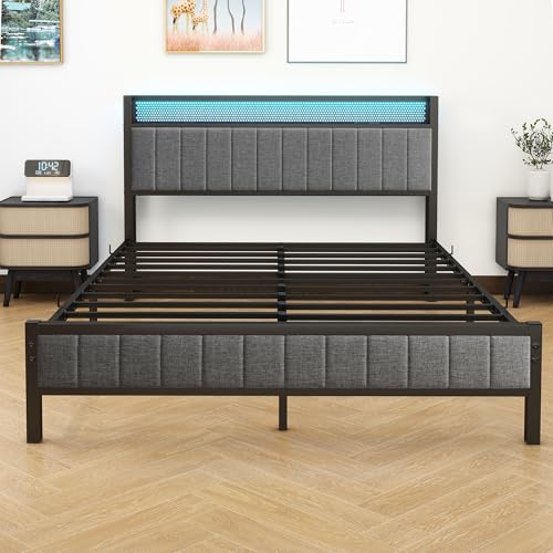 Gray Queen Size Metal Platform Bed Frame with Storage Headboard F4960