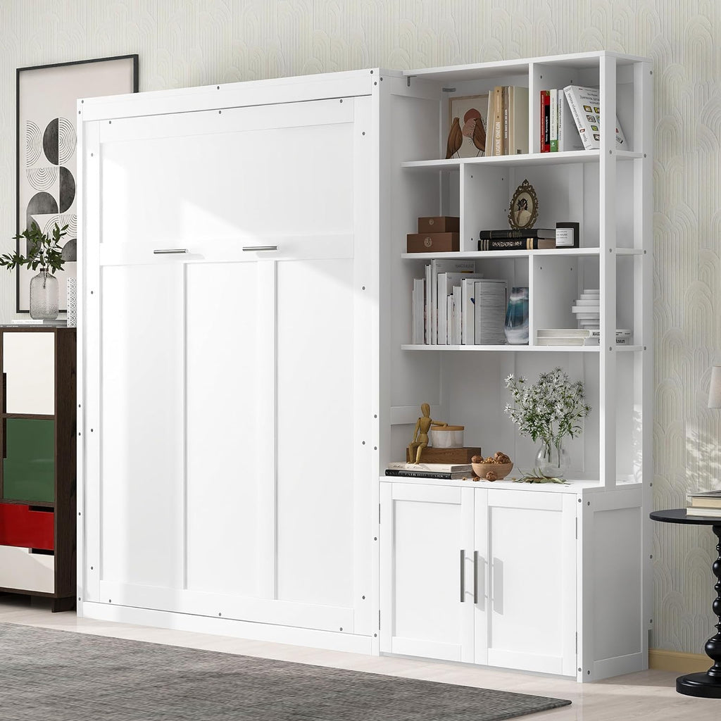 White Full Size Murphy Bed with Storage Cabinet and Shelves C692627