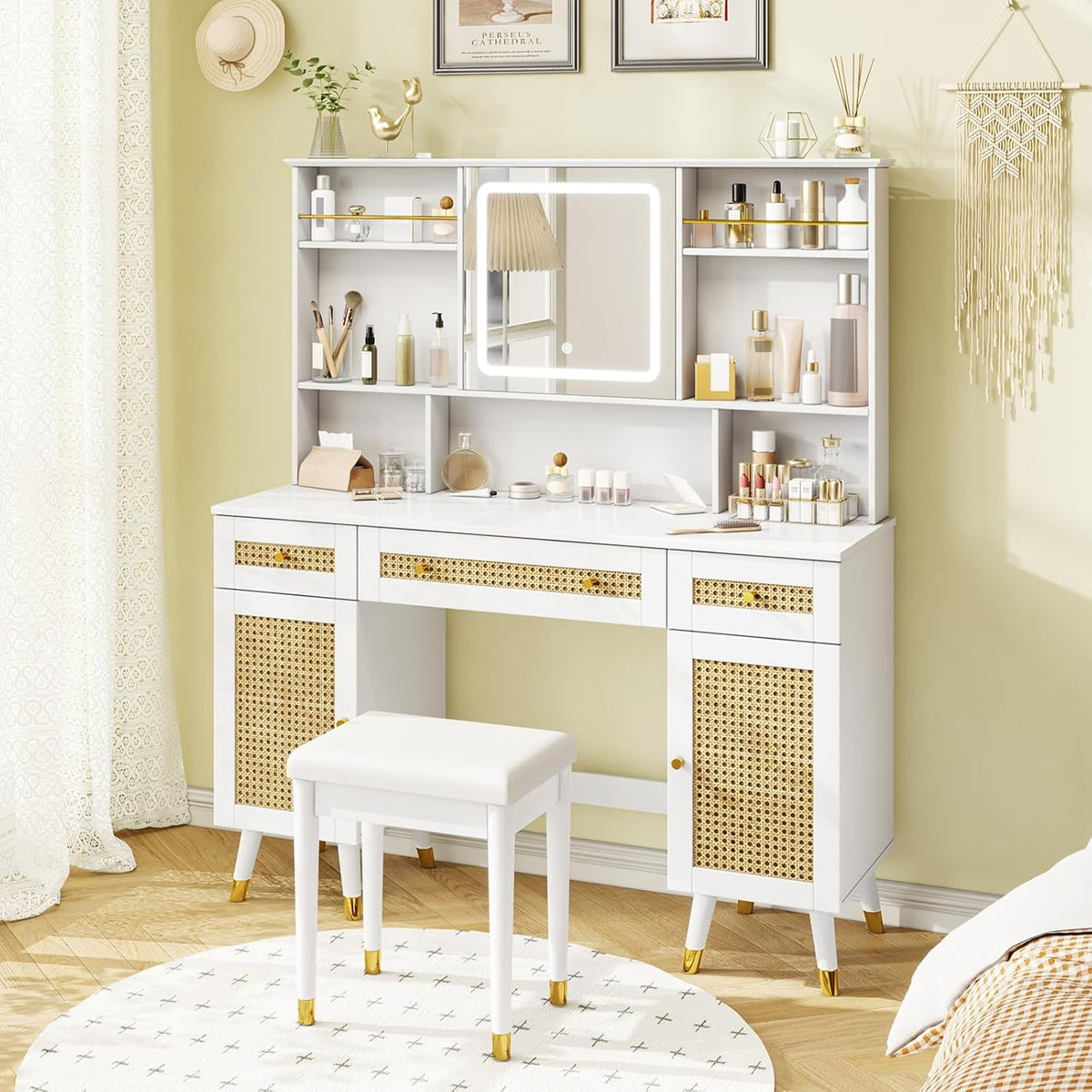 White Rattan Makeup Vanity Desk with Mirror and Lights and Stool P57968