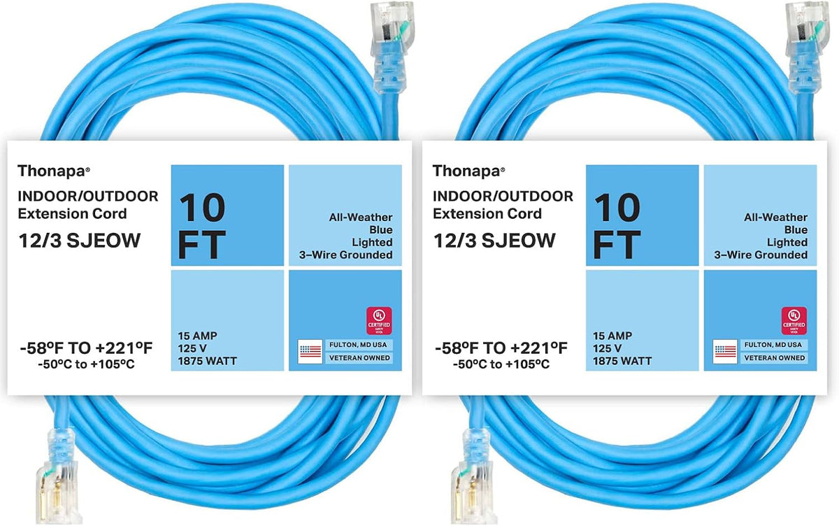 2 Pack 25 Ft All Weather Extension Cord with Lighted Outlet T203
