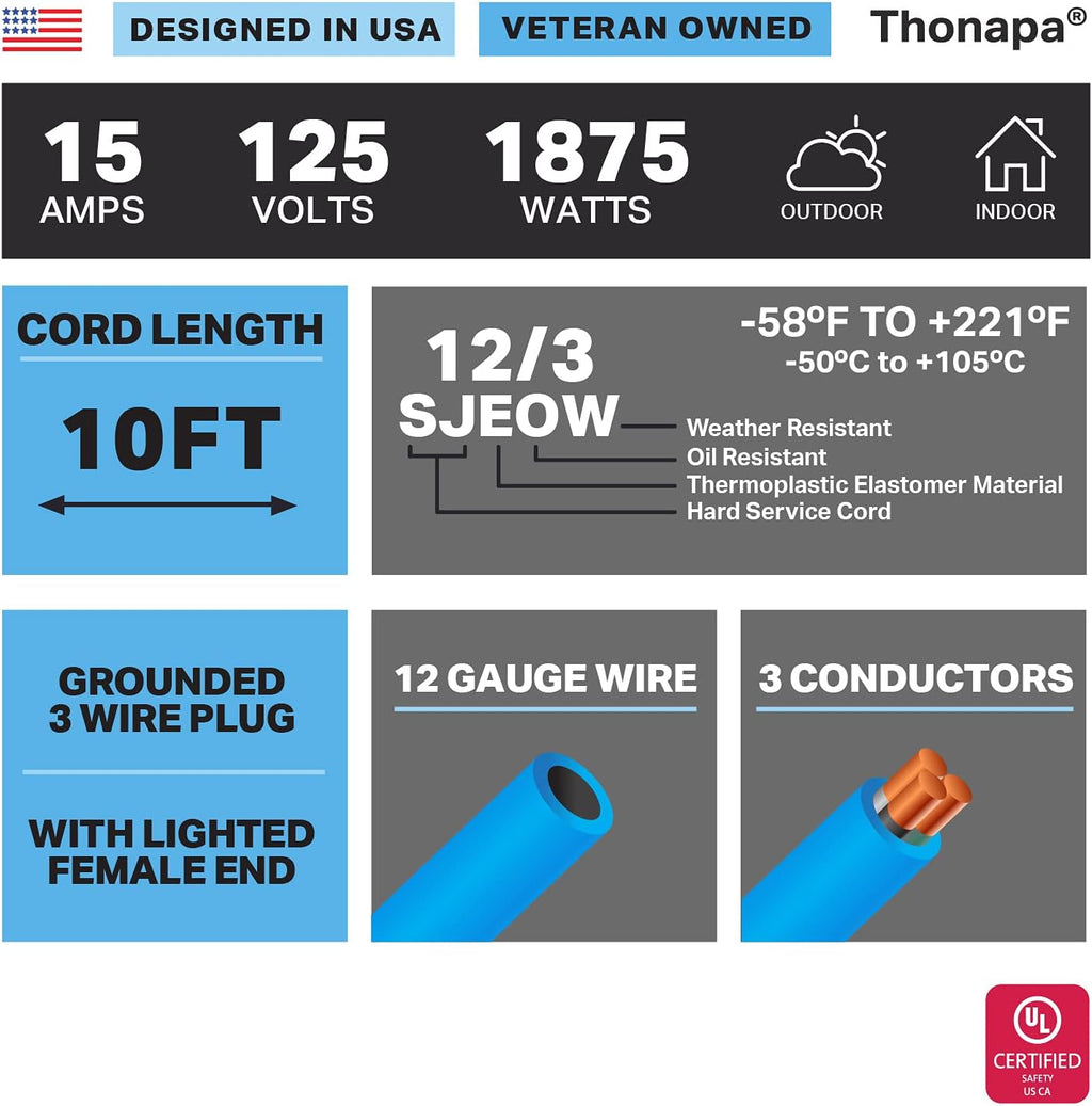 2 Pack 25 Ft All Weather Extension Cord with Lighted Outlet T203