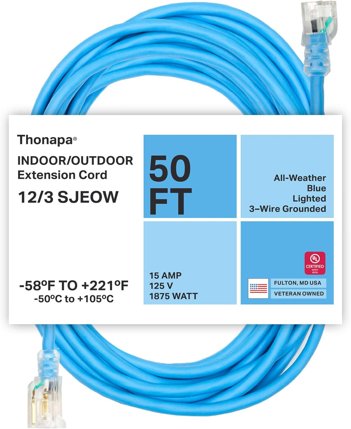 2 Pack 25 Ft All Weather Extension Cord with Lighted Outlet T203