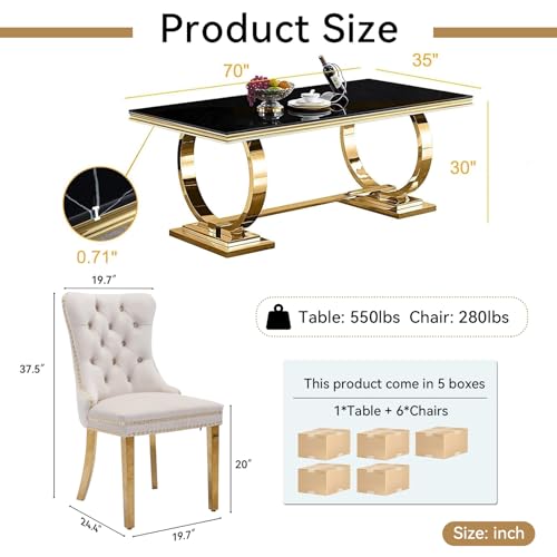 7 Piece White Marble Dining Table Set with 6 Grey Velvet Upholstered Chairs L2509