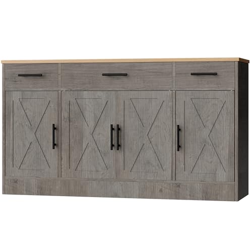 Ash Grey Wood Buffet Cabinet with 3 Drawers and 4 Doors B637026