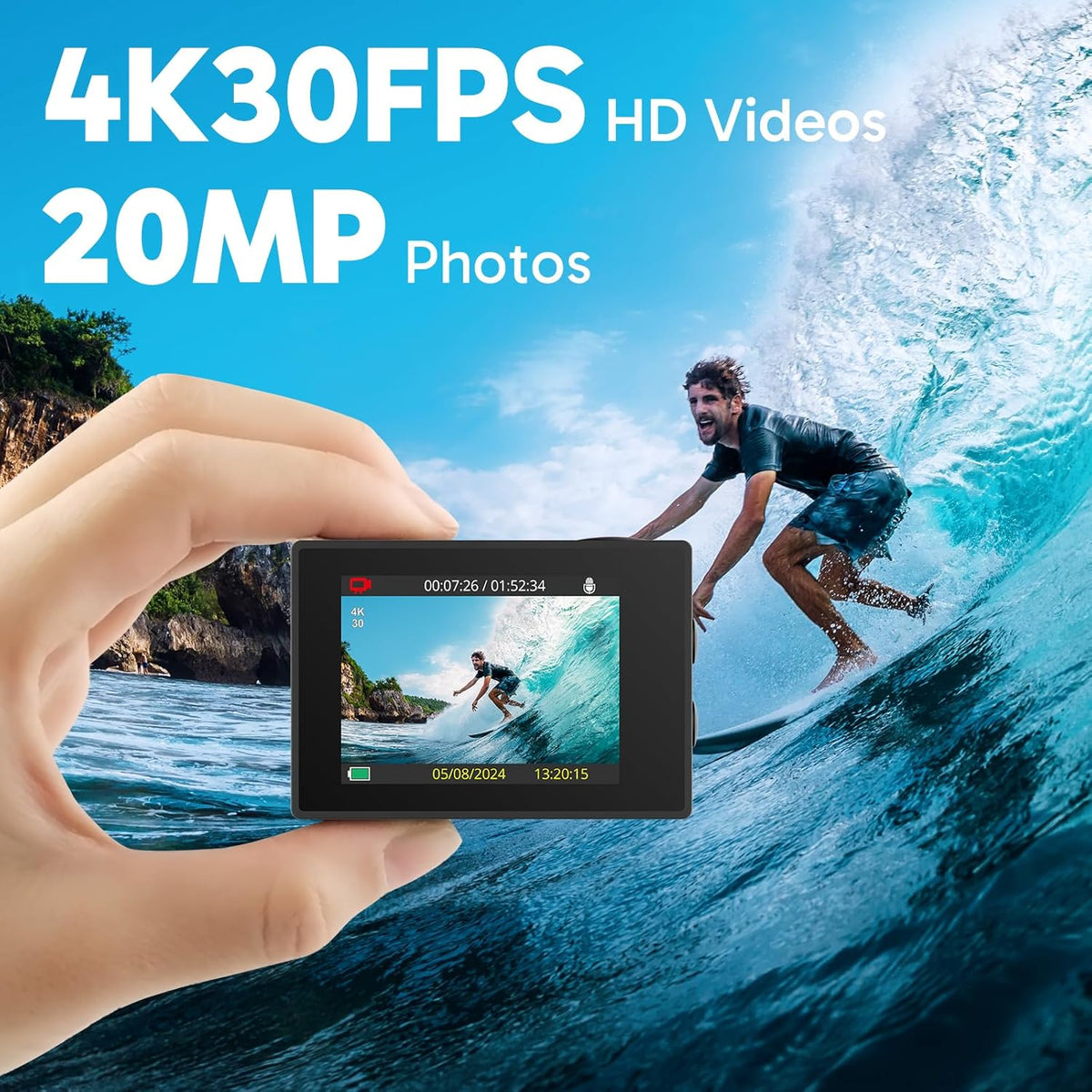 4K30FPS 20MP WiFi Action Camera and 7 in 1 Accessories Kit Bundle E379
