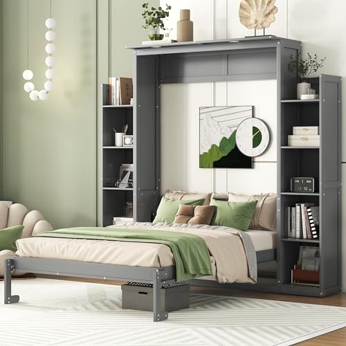 Queen Size Wood Murphy Bed with Shelves and LED Lights, Grey O3713
